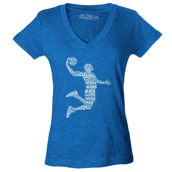 Shop4Ever Women's Basketball Player Dunk Silhouette Word Cloud Slim Fit V-Neck T-Shirt X-Small Heather Royal Blue