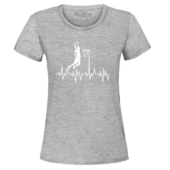Shop4Ever Women's Basketball Player Slam Dunk Heartline Heartbeat Graphic T-Shirt Medium Sports Grey