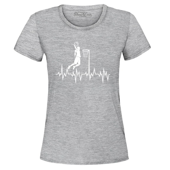 Shop4Ever Women's Basketball Player Slam Dunk Heartline Heartbeat Graphic T-Shirt Medium Sports Grey
