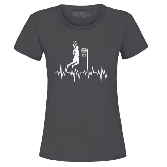 Shop4Ever Women's Basketball Player Slam Dunk Heartline Heartbeat Graphic T-Shirt X-Large Charcoal