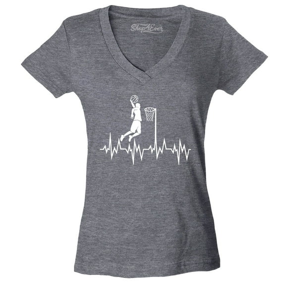 Shop4Ever Women's Basketball Player Slam Dunk Heartline Heartbeat Slim Fit V-Neck T-Shirt Large Heather Charcoal