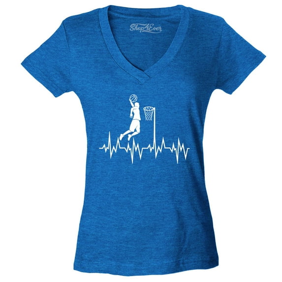 Shop4Ever Women's Basketball Player Slam Dunk Heartline Heartbeat Slim Fit V-Neck T-Shirt Large Heather Royal Blue