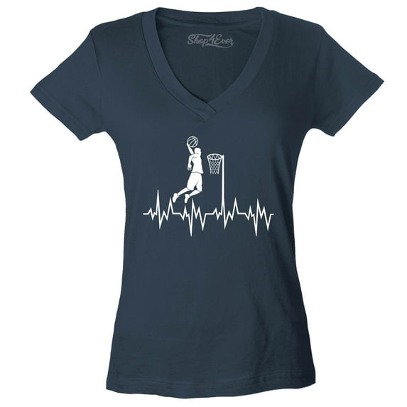 Shop4Ever Women's Basketball Player Slam Dunk Heartline Heartbeat Slim Fit V-Neck T-Shirt Small Charcoal