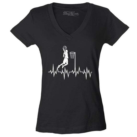 Shop4Ever Women's Basketball Player Slam Dunk Heartline Heartbeat Slim Fit V-Neck T-Shirt X-Large Black