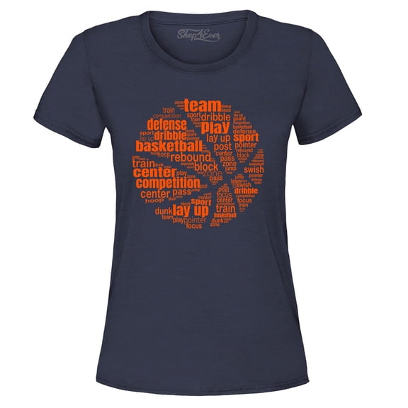 Shop4Ever Women's Basketball Word Cloud Orange Ball Silhouette Graphic T-Shirt Large Navy