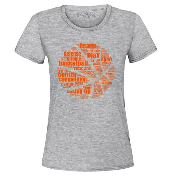 Shop4Ever Women's Basketball Word Cloud Orange Ball Silhouette Graphic T-Shirt Medium Sports Grey