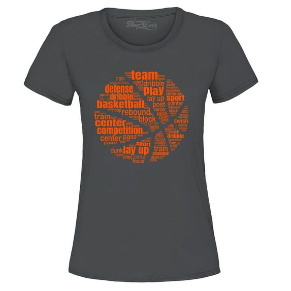 Shop4Ever Women's Basketball Word Cloud Orange Ball Silhouette Graphic T-Shirt Small Charcoal