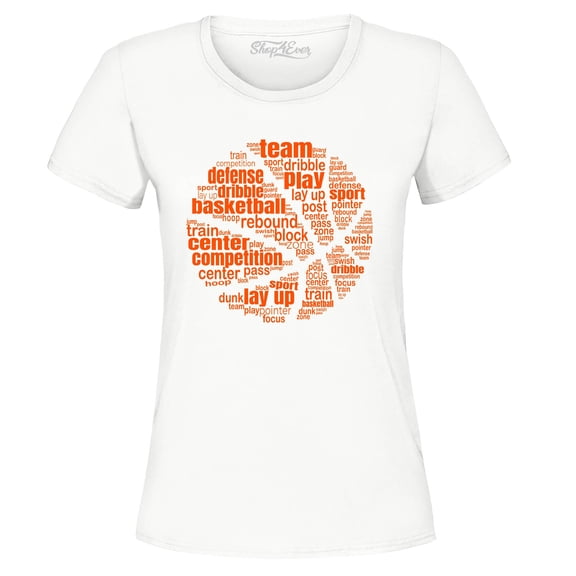Shop4Ever Women's Basketball Word Cloud Orange Ball Silhouette Graphic T-Shirt Small White