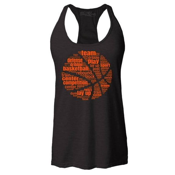 Shop4Ever Women's Basketball Word Cloud Orange Ball Silhouette Racerback Tank Top Large Black