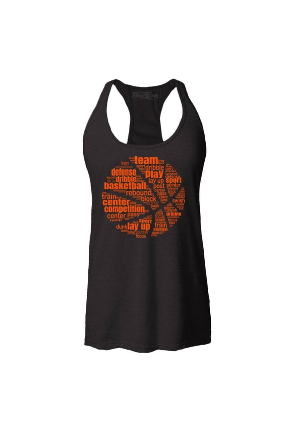 Women's Basketball Word Cloud Orange Ball Silhouette Racerback Tank Top Large Black