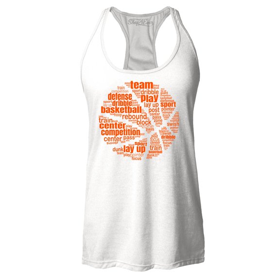 Shop4Ever Women's Basketball Word Cloud Orange Ball Silhouette Racerback Tank Top Large White