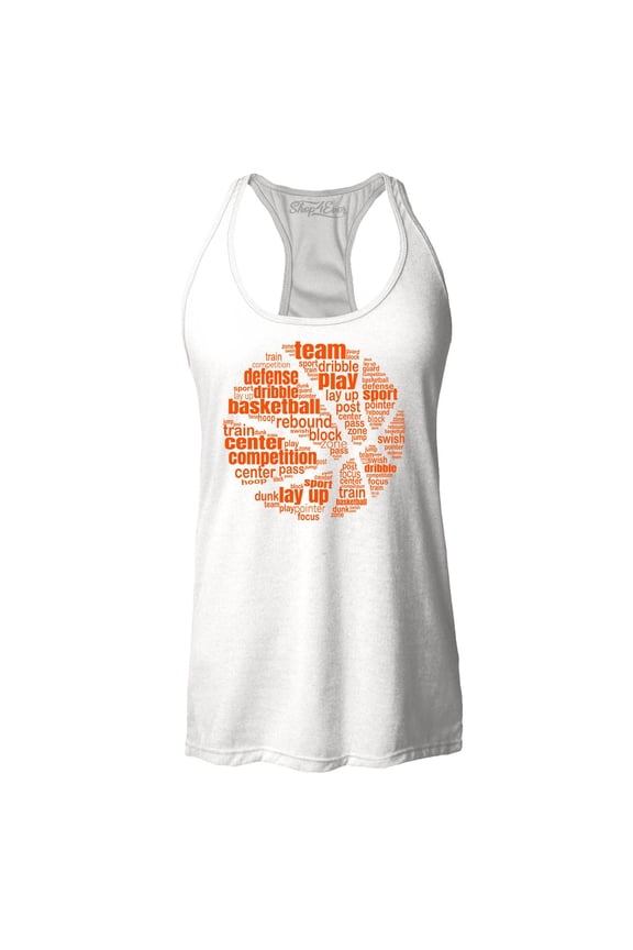 Women's Basketball Word Cloud Orange Ball Silhouette Racerback Tank Top Large White