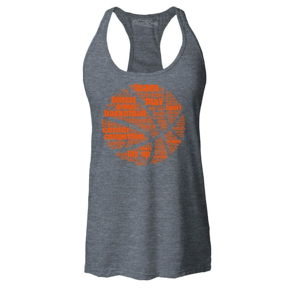 Shop4Ever Women's Basketball Word Cloud Orange Ball Silhouette Racerback Tank Top XX-Large Charcoal