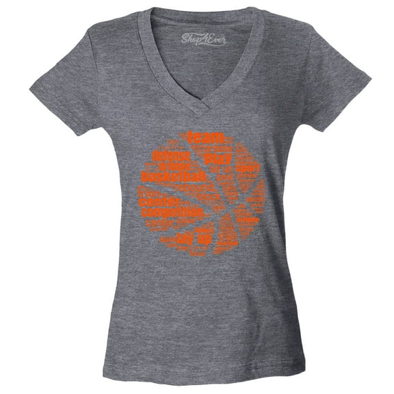 Shop4Ever Women's Basketball Word Cloud Orange Ball Silhouette Slim Fit V-Neck T-Shirt Small Heather Charcoal