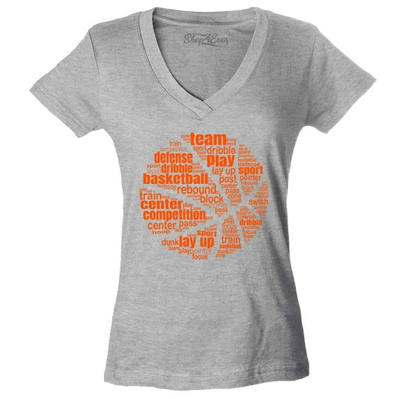 Shop4Ever Women's Basketball Word Cloud Orange Ball Silhouette Slim Fit V-Neck T-Shirt X-Large Sports Grey