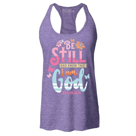 Shop4Ever Women's Be Still and Know That I Am God Psalm 46:10 Racerback Tank Top Large Purple