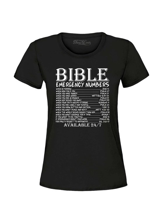 Women's Bible Emergency Numbers Verses Available 24/7 Graphic T-Shirt X-Large Black
