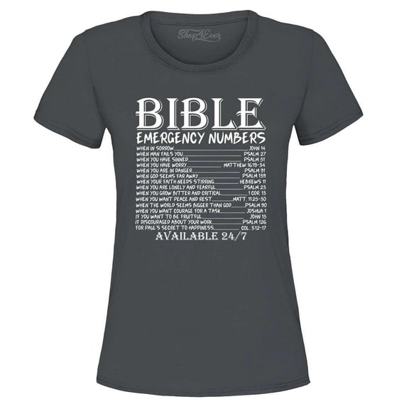 Shop4Ever Women's Bible Emergency Numbers Verses Available 24/7 Graphic T-Shirt X-Large Charcoal