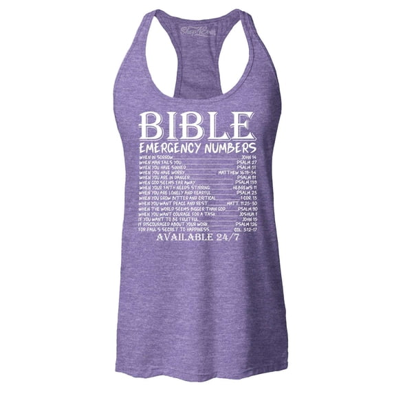 Shop4Ever Women's Bible Emergency Numbers Verses Available 24/7 Racerback Tank Top Large Purple