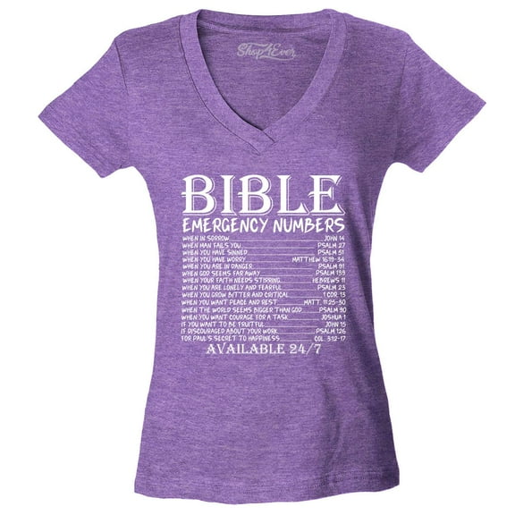 Shop4Ever Women's Bible Emergency Numbers Verses Available 24/7 Slim Fit V-Neck T-Shirt Large Heather Purple