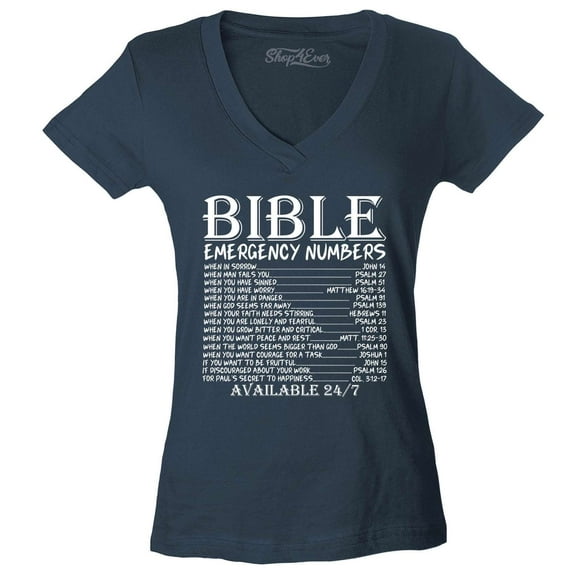 Shop4Ever Women's Bible Emergency Numbers Verses Available 24/7 Slim Fit V-Neck T-Shirt Small Charcoal
