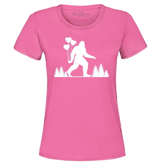 Shop4Ever Women's Big Foot with Heart Balloons Graphic T-Shirt Medium Azalea Pink