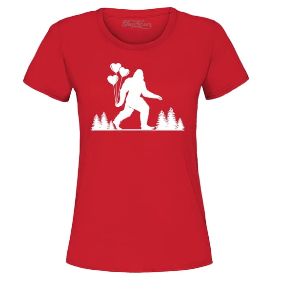Shop4Ever Women's Big Foot with Heart Balloons Graphic T-Shirt Medium Red