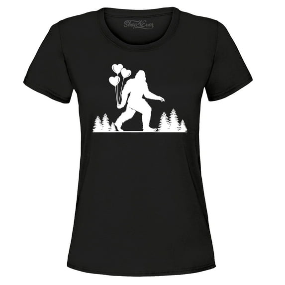 Shop4Ever Women's Big Foot with Heart Balloons Graphic T-Shirt Small Black