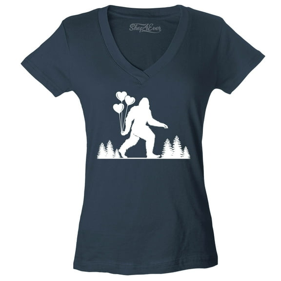 Shop4Ever Women's Big Foot with Heart Balloons Slim Fit V-Neck T-Shirt Large Charcoal