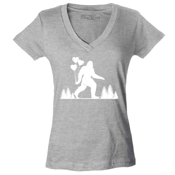 Shop4Ever Women's Big Foot with Heart Balloons Slim Fit V-Neck T-Shirt Medium Sports Grey