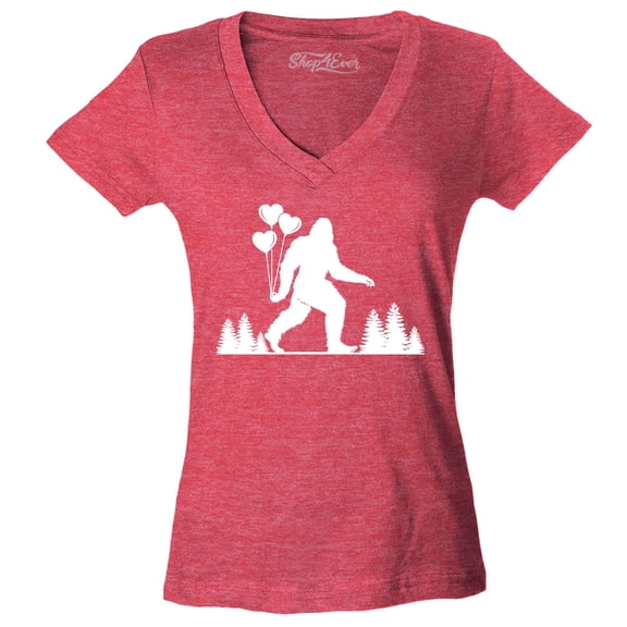 Shop4Ever Women's Big Foot with Heart Balloons Slim Fit V-Neck T-Shirt Small Heather Red