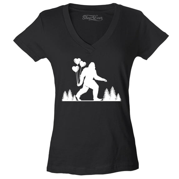 Shop4Ever Women's Big Foot with Heart Balloons Slim Fit V-Neck T-Shirt X-Large Black