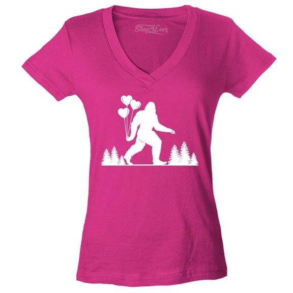 Shop4Ever Women's Big Foot with Heart Balloons Slim Fit V-Neck T-Shirt XX-Large Pink