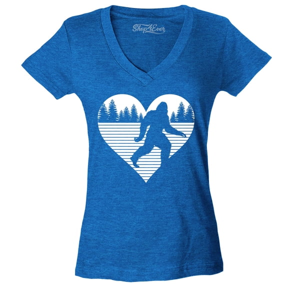Shop4Ever Women's Bigfoot Heart Love Sasquatch Valentine Slim Fit V-Neck T-Shirt Medium Heather Royal Blue