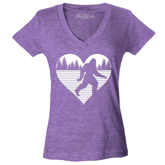 Shop4Ever Women's Bigfoot Heart Love Sasquatch Valentine Slim Fit V-Neck T-Shirt Small Heather Purple