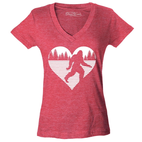 Shop4Ever Women's Bigfoot Heart Love Sasquatch Valentine Slim Fit V-Neck T-Shirt X-Large Heather Red