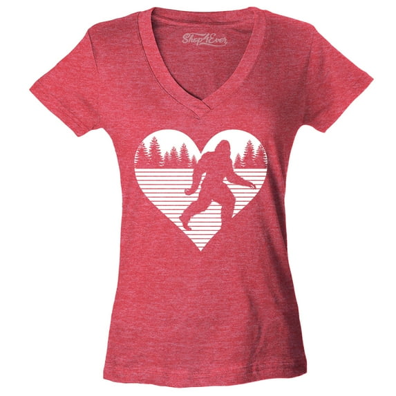 Shop4Ever Women's Bigfoot Heart Love Sasquatch Valentine Slim Fit V-Neck T-Shirt X-Small Heather Red