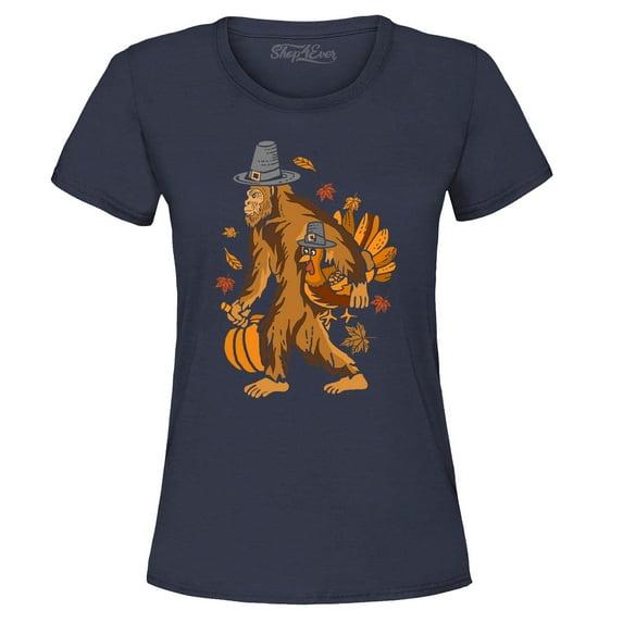 Shop4Ever Women's Bigfoot Pilgrim Turkey Pumpkin Thanksgiving Sasquatch Graphic T-Shirt XXX-Large Navy