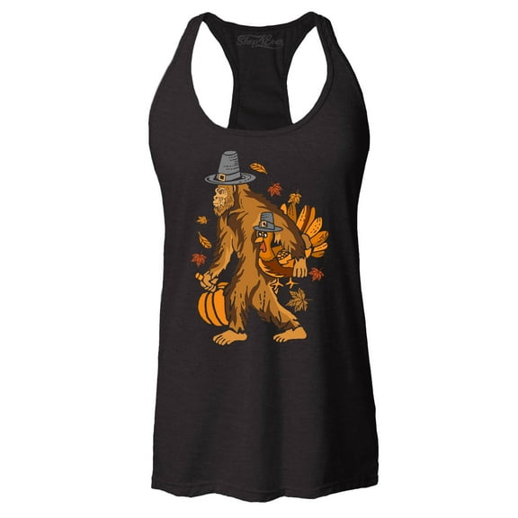 Shop4Ever Women's Bigfoot Pilgrim Turkey Pumpkin Thanksgiving Sasquatch Racerback Tank Top Medium Black