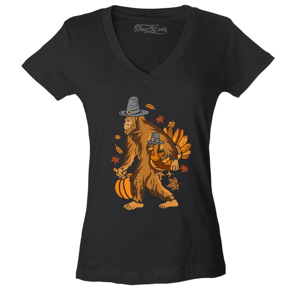 Shop4Ever Women's Bigfoot Pilgrim Turkey Pumpkin Thanksgiving Sasquatch Slim Fit V-Neck T-Shirt X-Small Black