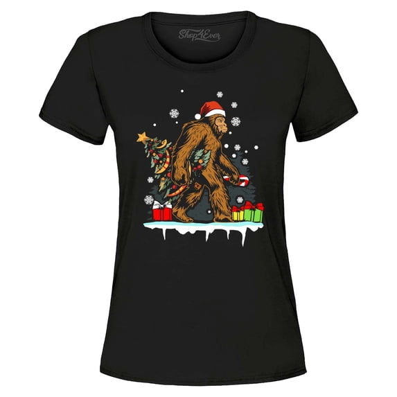 Shop4Ever Women's Bigfoot Santa Christmas Tree Toy Sack Sasquatch Graphic T-Shirt Small Black