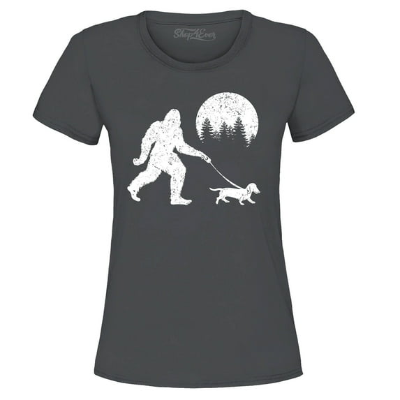 Shop4Ever Women's Bigfoot Walking Wiener Dog Funny Sasquatch Dachshund Graphic T-Shirt Large Charcoal