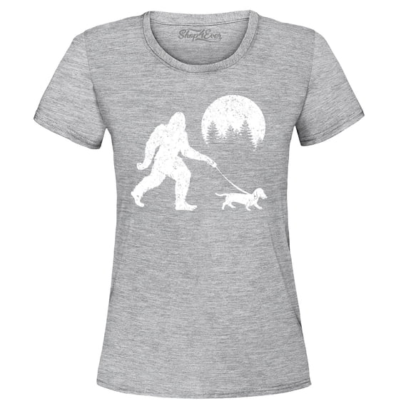 Shop4Ever Women's  Bigfoot Walking Wiener Dog Funny Sasquatch Dachshund Graphic T-Shirt Medium Sports Grey