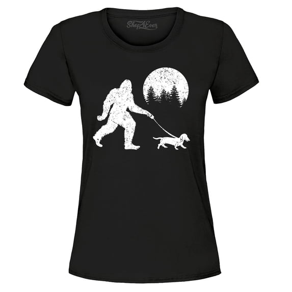 Shop4Ever Women's Bigfoot Walking Wiener Dog Funny Sasquatch Dachshund Graphic T-Shirt Small Black