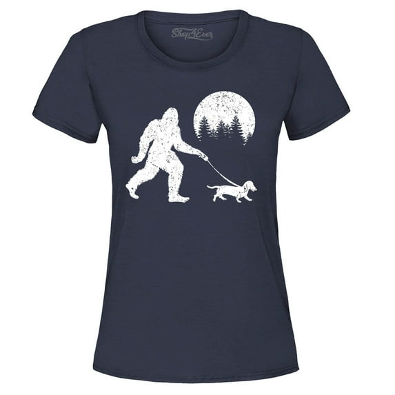 Shop4Ever Women's Bigfoot Walking Wiener Dog Funny Sasquatch Dachshund Graphic T-Shirt XX-Large Navy