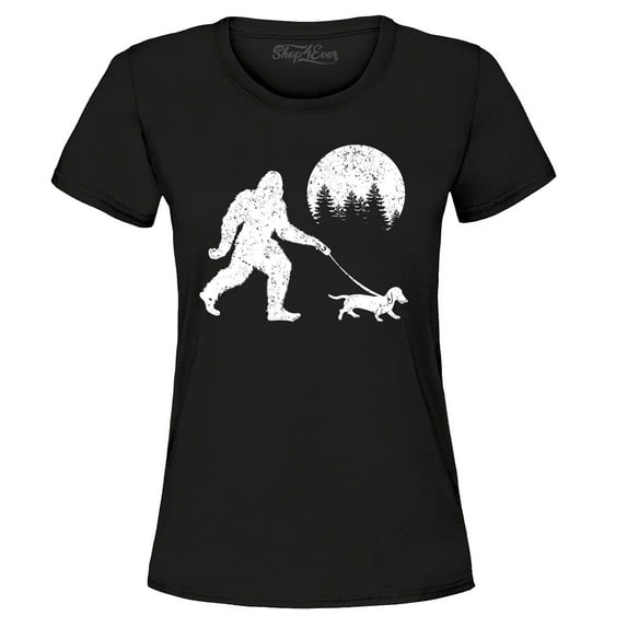 Shop4Ever Women's Bigfoot Walking Wiener Dog Funny Sasquatch Dachshund Graphic T-Shirt XXX-Large Black