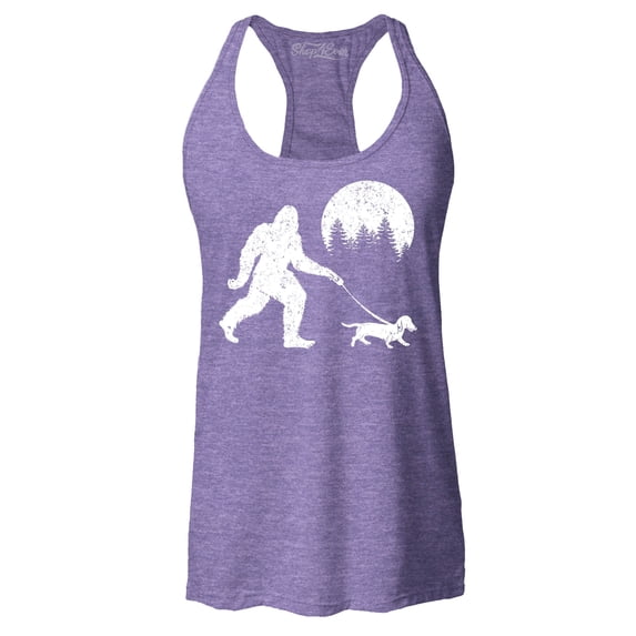 Shop4Ever Women's Bigfoot Walking Wiener Dog Funny Sasquatch Dachshund Racerback Tank Top Large Purple