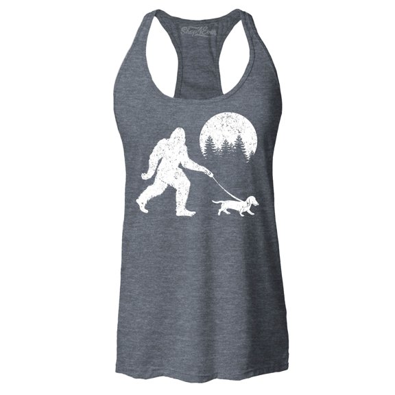 Shop4Ever Women's  Bigfoot Walking Wiener Dog Funny Sasquatch Dachshund Racerback Tank Top Medium Charcoal
