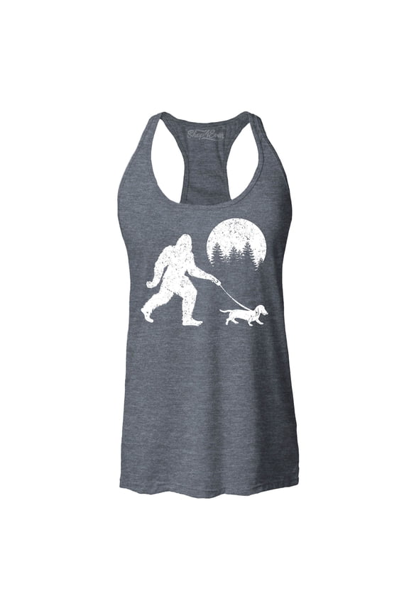 Women's Bigfoot Walking Wiener Dog Funny Sasquatch Dachshund Racerback Tank Top Medium Charcoal