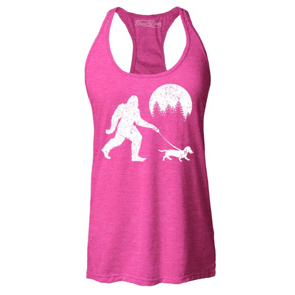 Shop4Ever Women's Bigfoot Walking Wiener Dog Funny Sasquatch Dachshund Racerback Tank Top X-Small Fuchsia